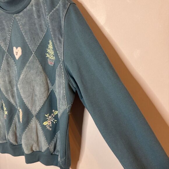 Vintage Alfred Dunner Blue‎ Velvet Top Sweatshirt Med Cat Grandmacore Argyle - Picture 5 of 10